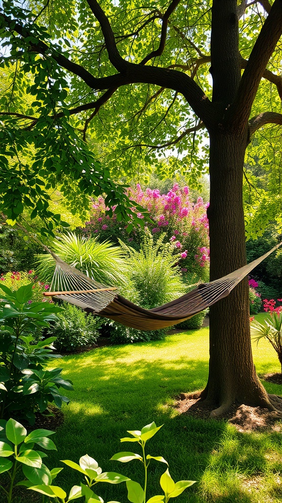 A hammock hanging between two trees in a lush garden with vibrant flowers and greenery.