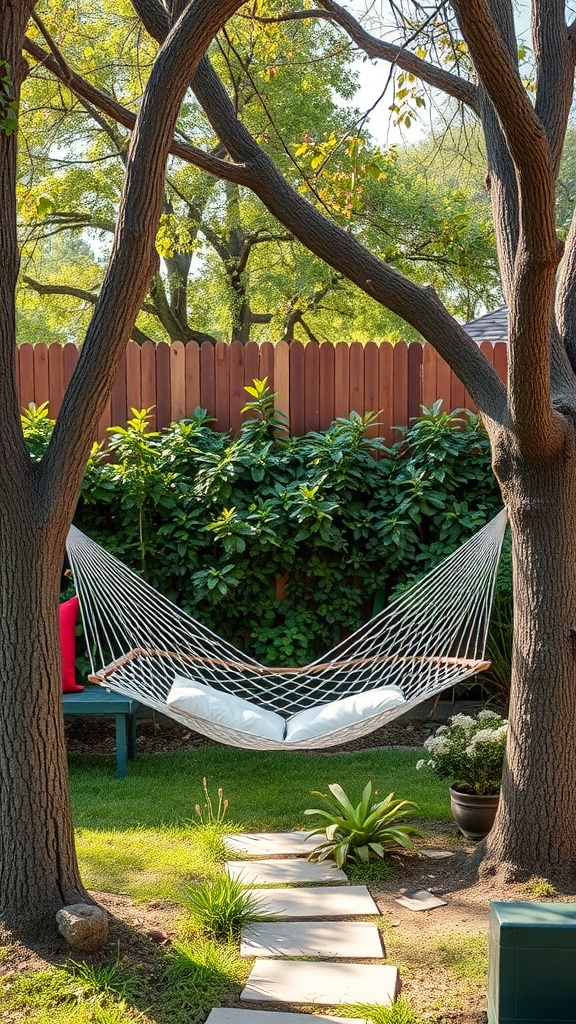A cozy hammock set between two trees in a garden, surrounded by greenery and a pathway.