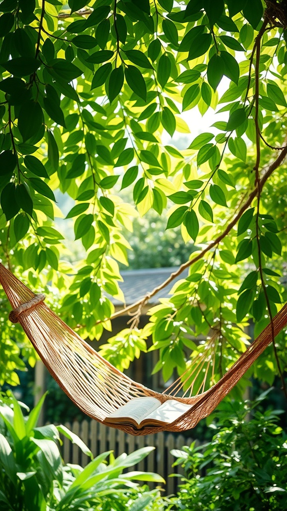 A hammock hanging under a canopy of green leaves with an open book resting on it.