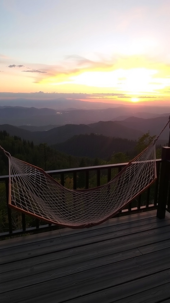 A hammock hanging on a wooden deck with a scenic mountain view during sunset.