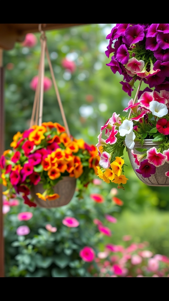 Colorful hanging baskets filled with petunias in a garden setting.