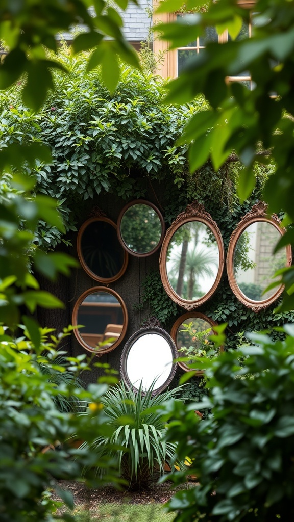 A collection of round mirrors framed in wood, arranged among lush green foliage in a garden.