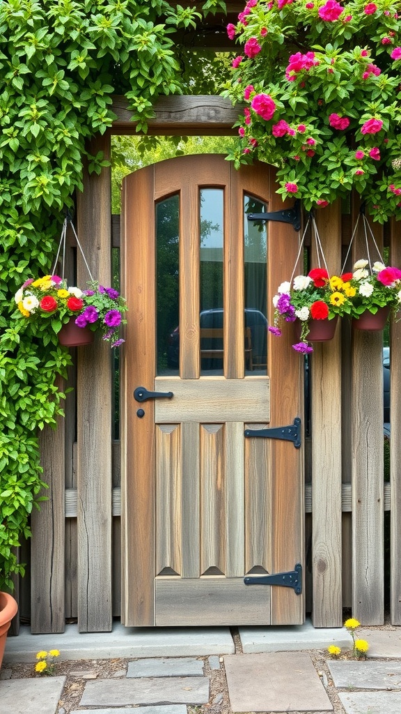 A wooden gate adorned with colorful hanging planters filled with flowers, surrounded by lush greenery.