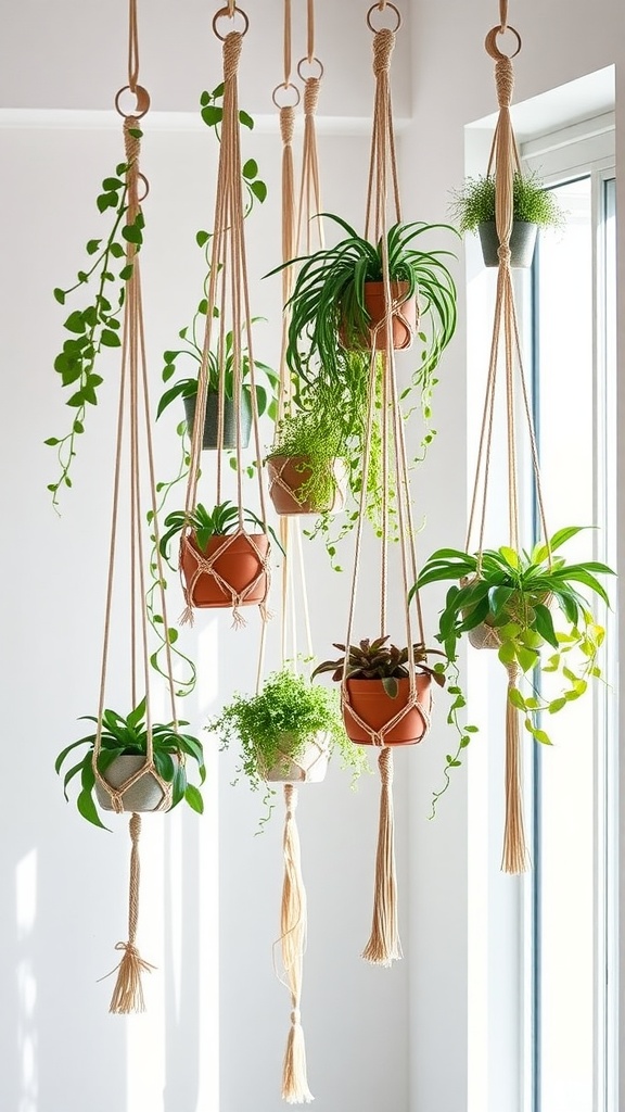 A collection of hanging plants in various pots, suspended from the ceiling, showcasing a vibrant green display.