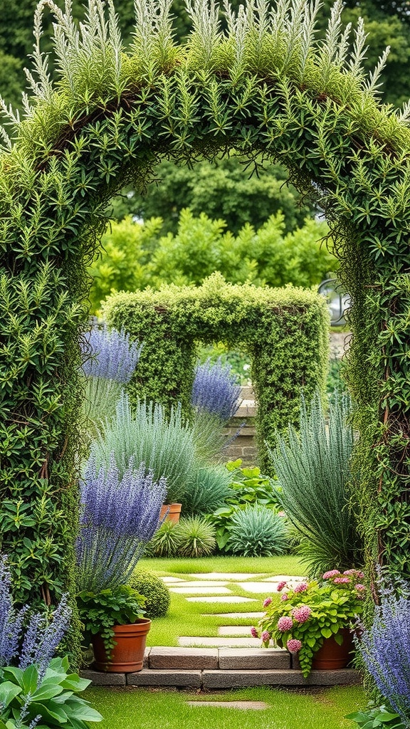 A garden pathway framed by lush green arches and colorful herb plants.