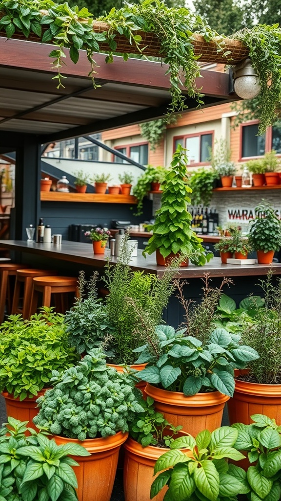 A patio bar with a variety of herbs in pots, creating a vibrant and inviting atmosphere.