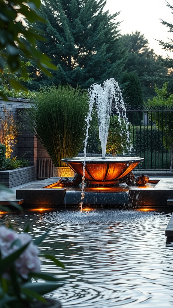 A beautifully illuminated fountain in a garden, surrounded by greenery and soft lighting.