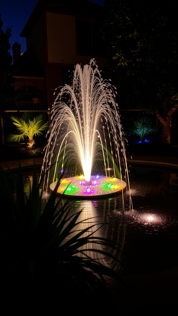 A beautifully illuminated fountain at night with colorful lights and surrounding plants.