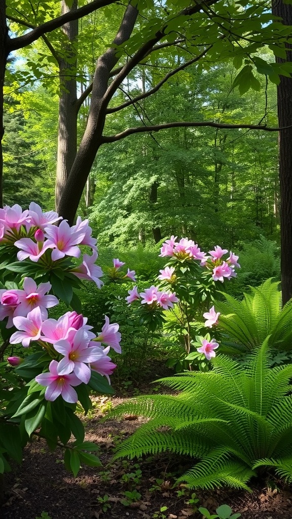 A vibrant display of pink azaleas surrounded by lush green ferns in a woodland setting.