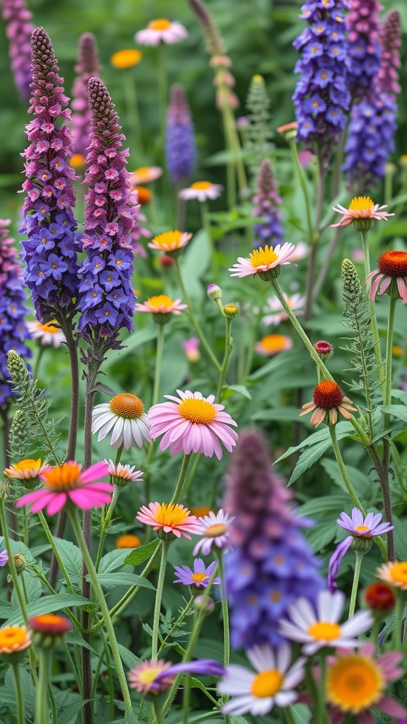 A colorful garden filled with various wildflowers, including purple, pink, and orange blooms.