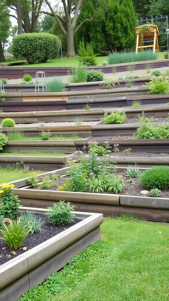 A sloped garden featuring wooden sleepers as borders, with various plants and flowers arranged in distinct levels.