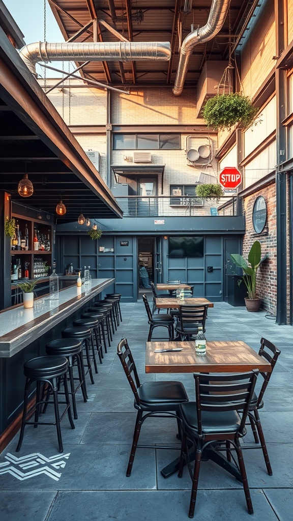 An industrial chic bar featuring exposed beams, metal accents, and wooden tables.