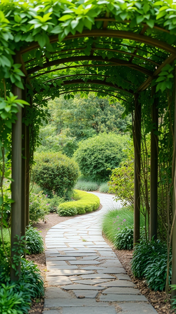 A stone pathway winding through a garden, covered by a lush green arbor.