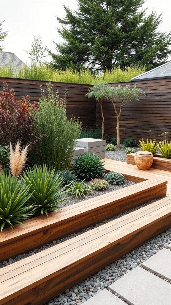 A modern garden featuring wooden sleepers as borders, with various plants and a structured layout.