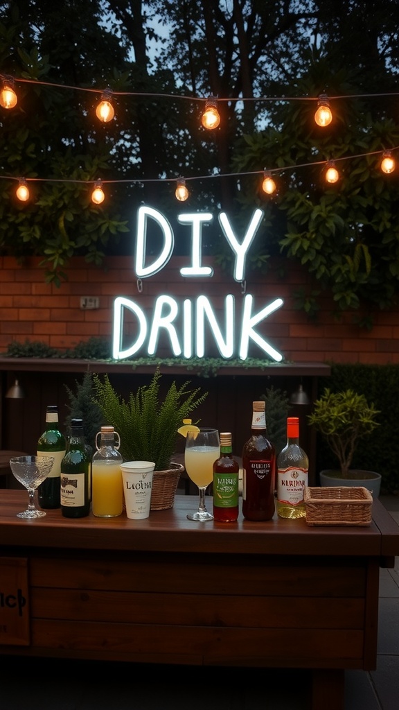 A DIY drink station with a glowing sign, various bottles of spirits, and garnishes on a wooden table.