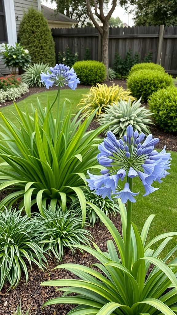 A garden featuring agapanthus with blue flowers surrounded by various green plants.