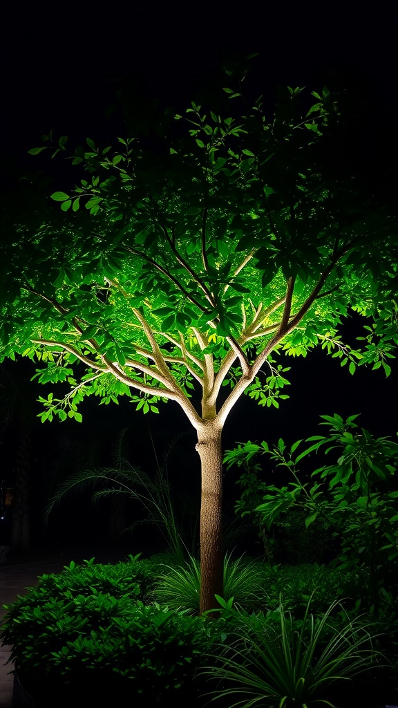A garden scene at night with a statue illuminated by LED spotlights, surrounded by lush plants.