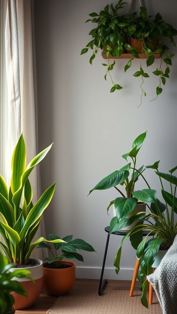 A cozy corner with various low-light house plants, including a hanging pothos and potted snake plant and philodendron.