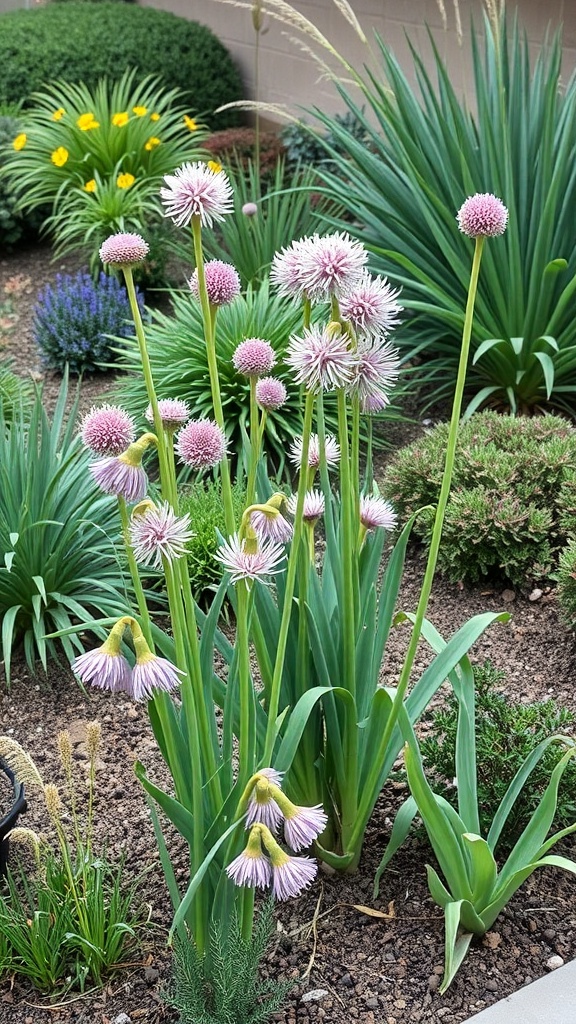 A garden featuring tall allium flowers with pink blooms surrounded by various green plants and yellow flowers.