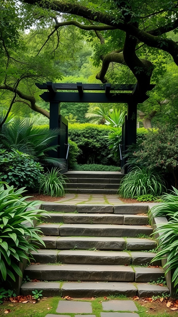 A garden entrance featuring stone steps surrounded by lush greenery and an archway.