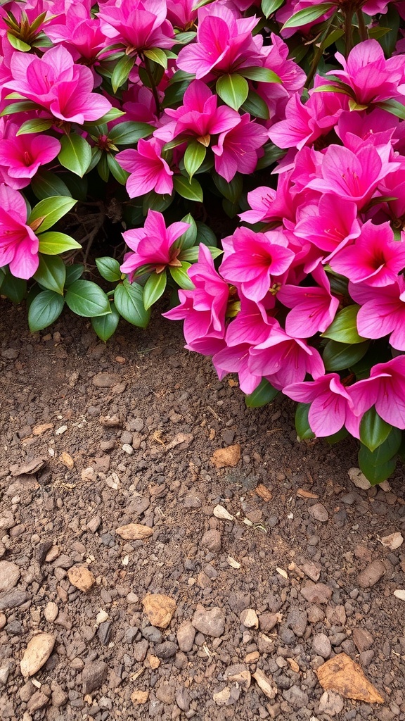 A close-up of vibrant pink azaleas with rich brown soil underneath.