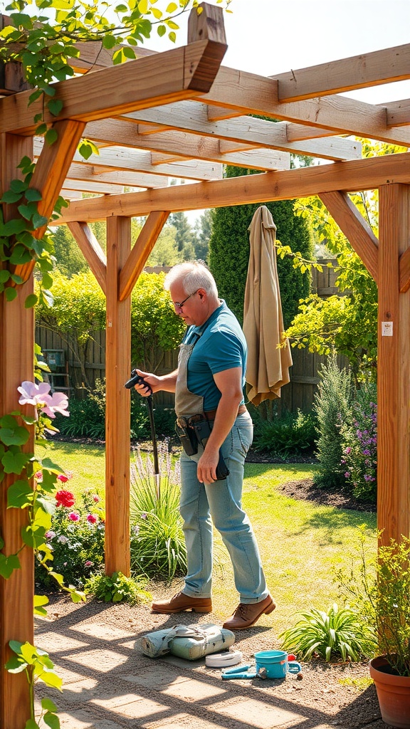 A person maintaining a wooden arbor in a garden, surrounded by flowers and greenery.