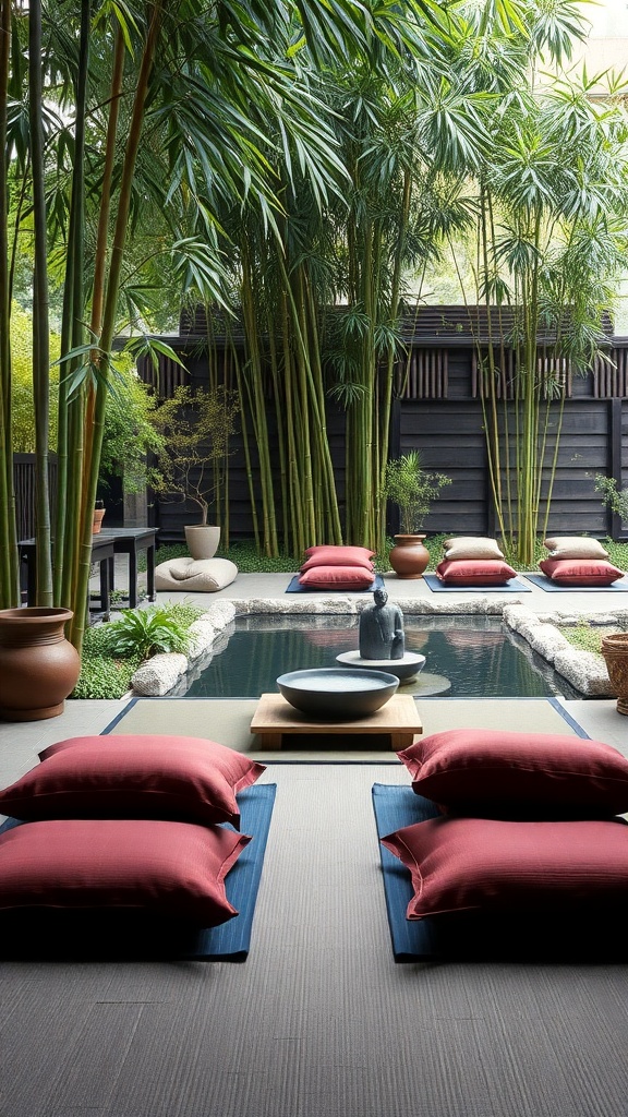 A serene garden meditation space featuring floor cushions, bamboo, and a small pond.