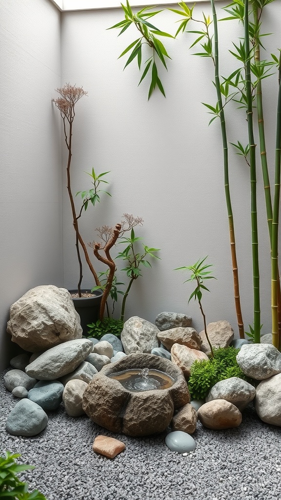 A peaceful meditation space featuring bamboo, rocks, and a small water basin.
