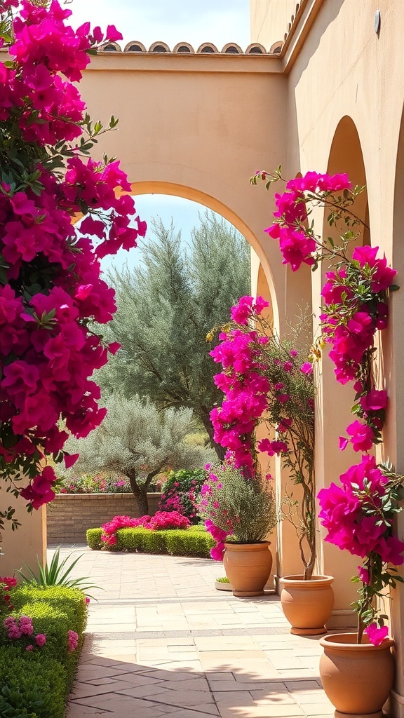 A garden pathway framed by Mediterranean style arches and vibrant bougainvillea flowers.