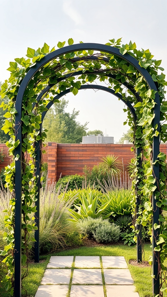 A modern metal arbor covered with green vines in a garden