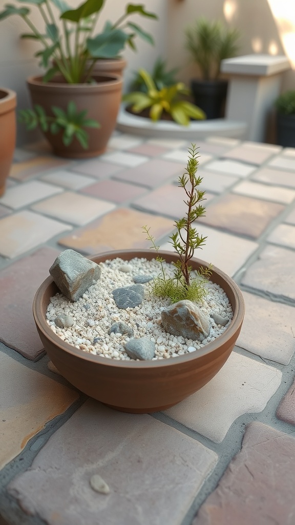 A miniature Zen garden in a terracotta bowl with sand, stones, and a small plant.