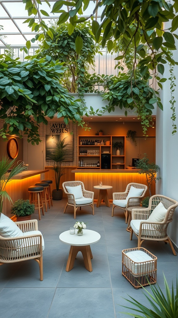 A minimalist zen patio space with greenery, wooden furniture, and soft lighting.