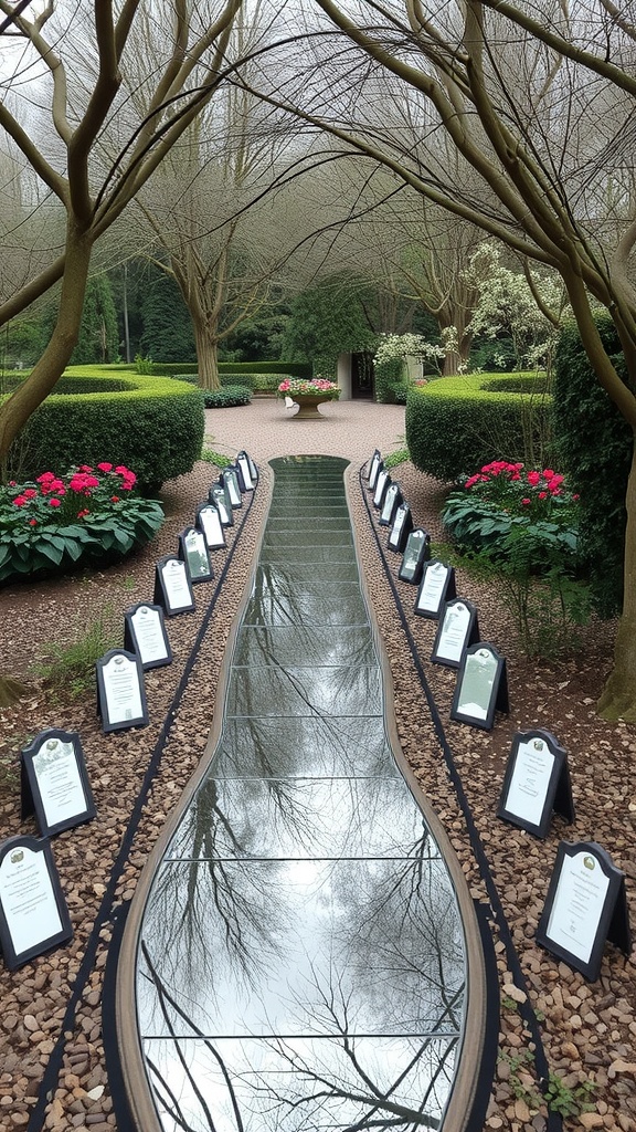 A reflective mirror pathway lined with flowers in a garden