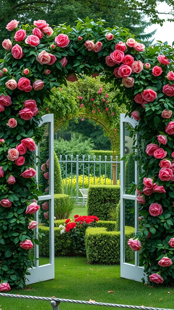 A beautiful garden arch adorned with pink and peach roses, featuring white doors and a lush green background.