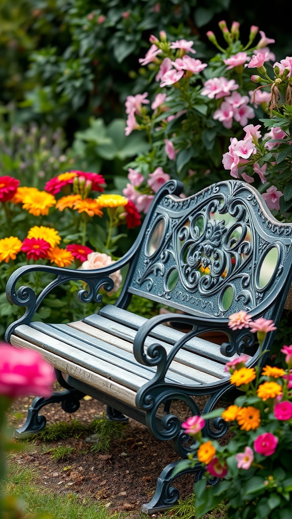 A decorative garden bench surrounded by colorful flowers