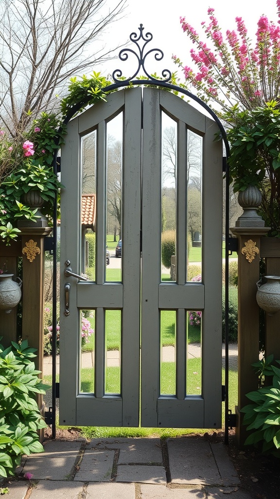 A gray wooden garden gate with mirrored sections, surrounded by flowers and greenery.