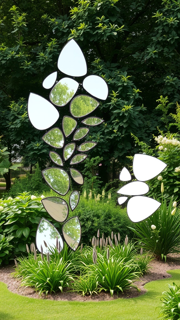 A mirrored garden sculpture resembling a flower or leaf design, surrounded by lush greenery.