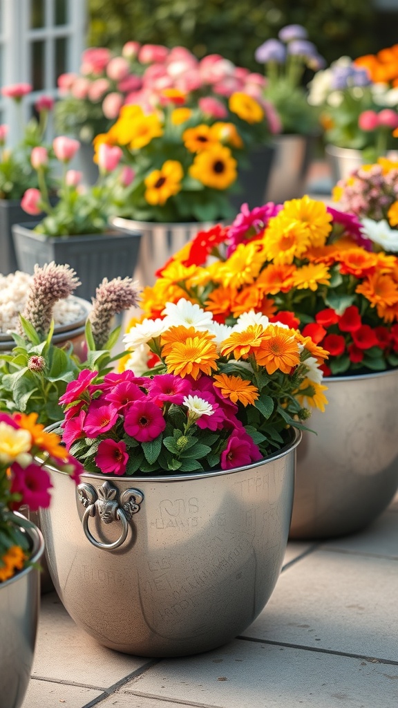 Colorful flowers in shiny metallic planters arranged on a patio.