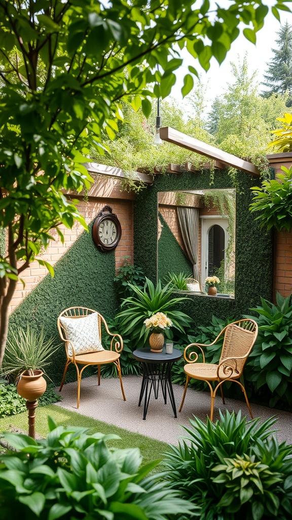 A cozy garden seating area with two chairs, a small table, and a large mirror surrounded by lush plants.