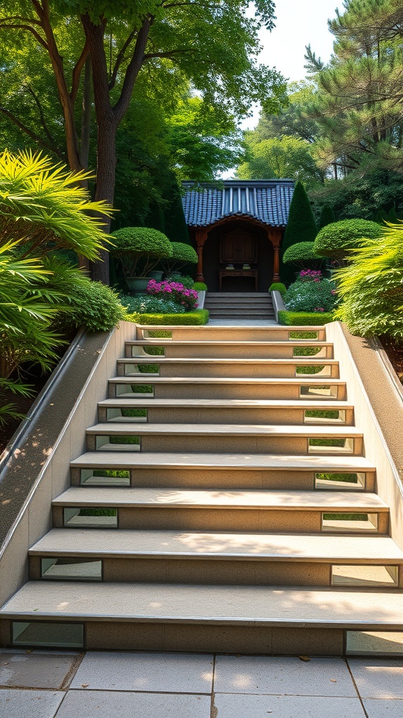 Mirrored steps leading to a garden retreat surrounded by lush greenery and flowers.