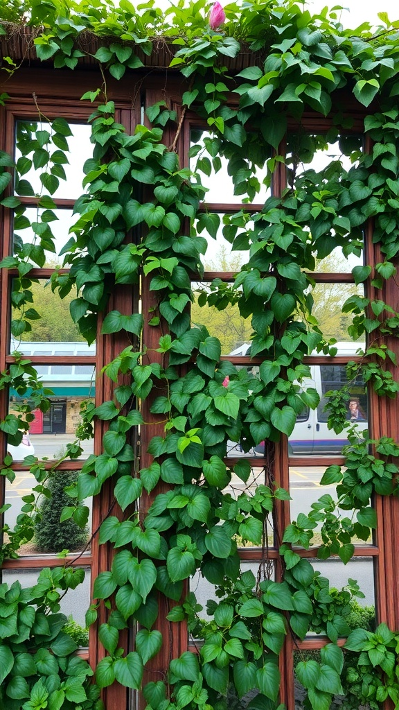A wooden trellis covered in green climbing plants with mirrors reflecting light.