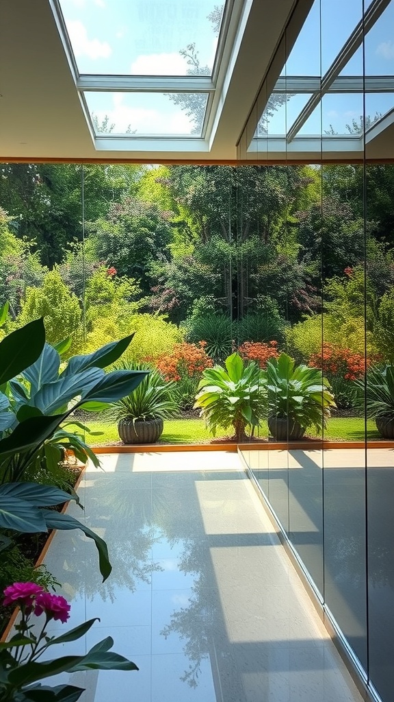 A garden room with mirrored walls reflecting lush greenery and bright flowers outside.