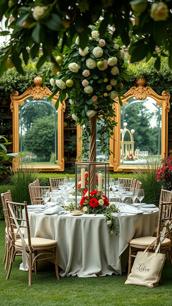 A garden party table setting with elegant mirrors and floral arrangements.