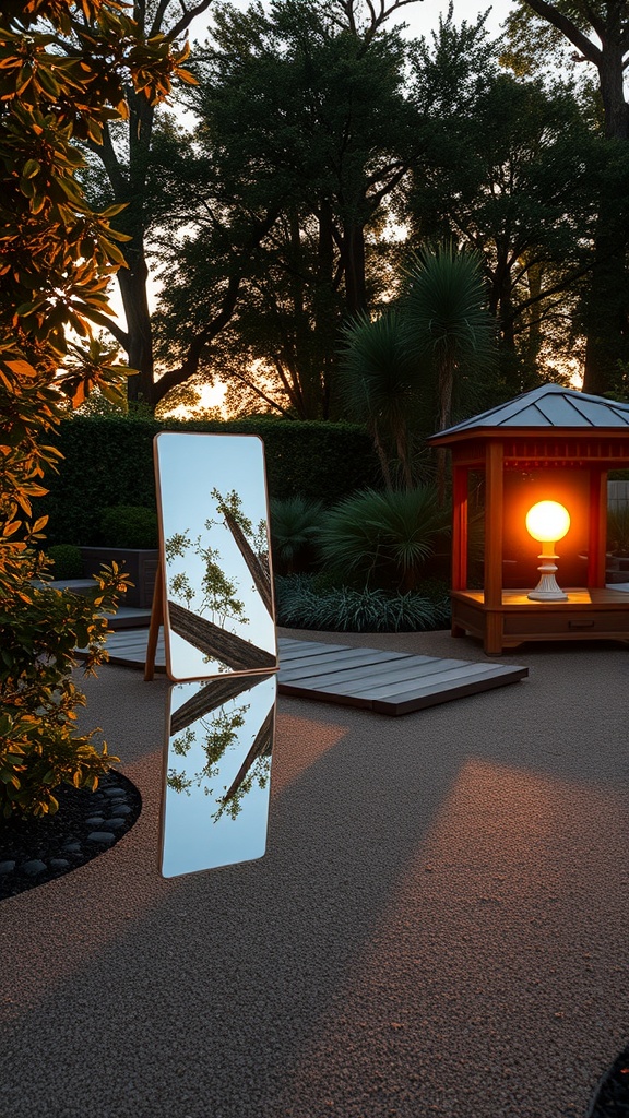 A garden scene featuring a mirror reflecting trees and a warm light, enhancing the lighting in the area.