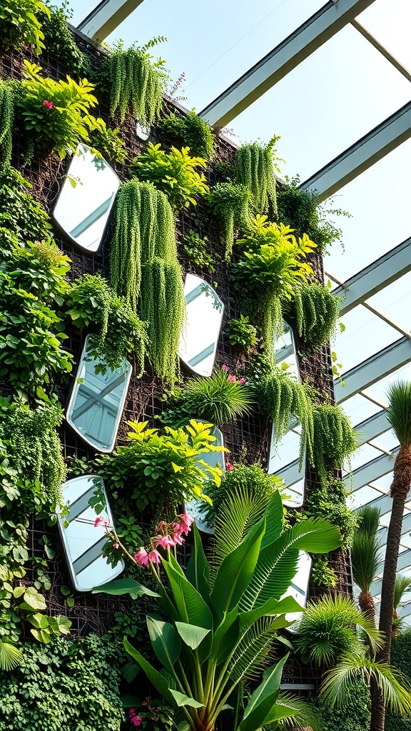 A vertical garden featuring lush greenery and mirrors reflecting the plants.