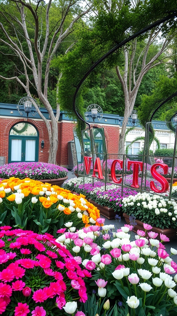 Colorful flower beds with mirrors framing them, creating a vibrant garden scene.