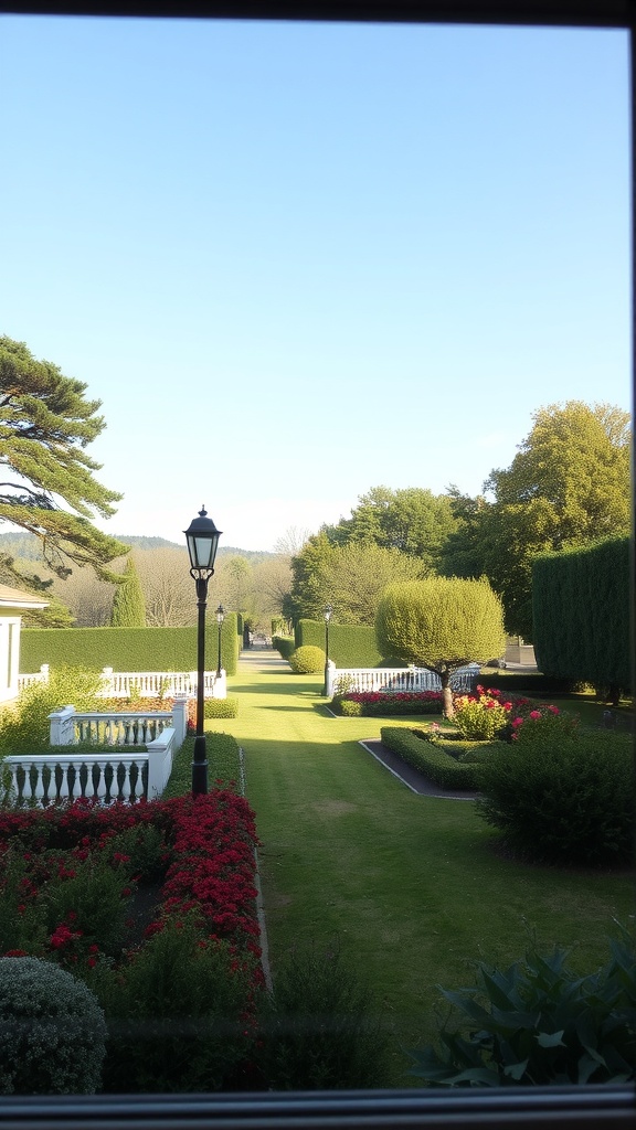 A scenic garden path with hedges and flowers, showcasing the beauty of nature.