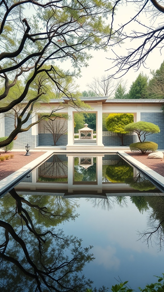 A serene Zen garden with a reflective water surface, showcasing trees and structures in a tranquil setting.