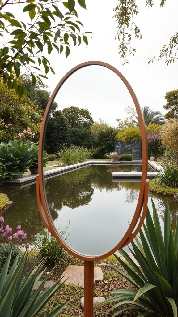A garden mirror reflecting a tranquil pond surrounded by lush greenery and flowers.
