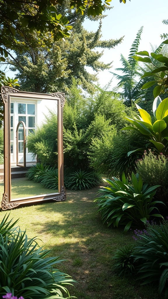 A large decorative mirror surrounded by lush green plants in a garden